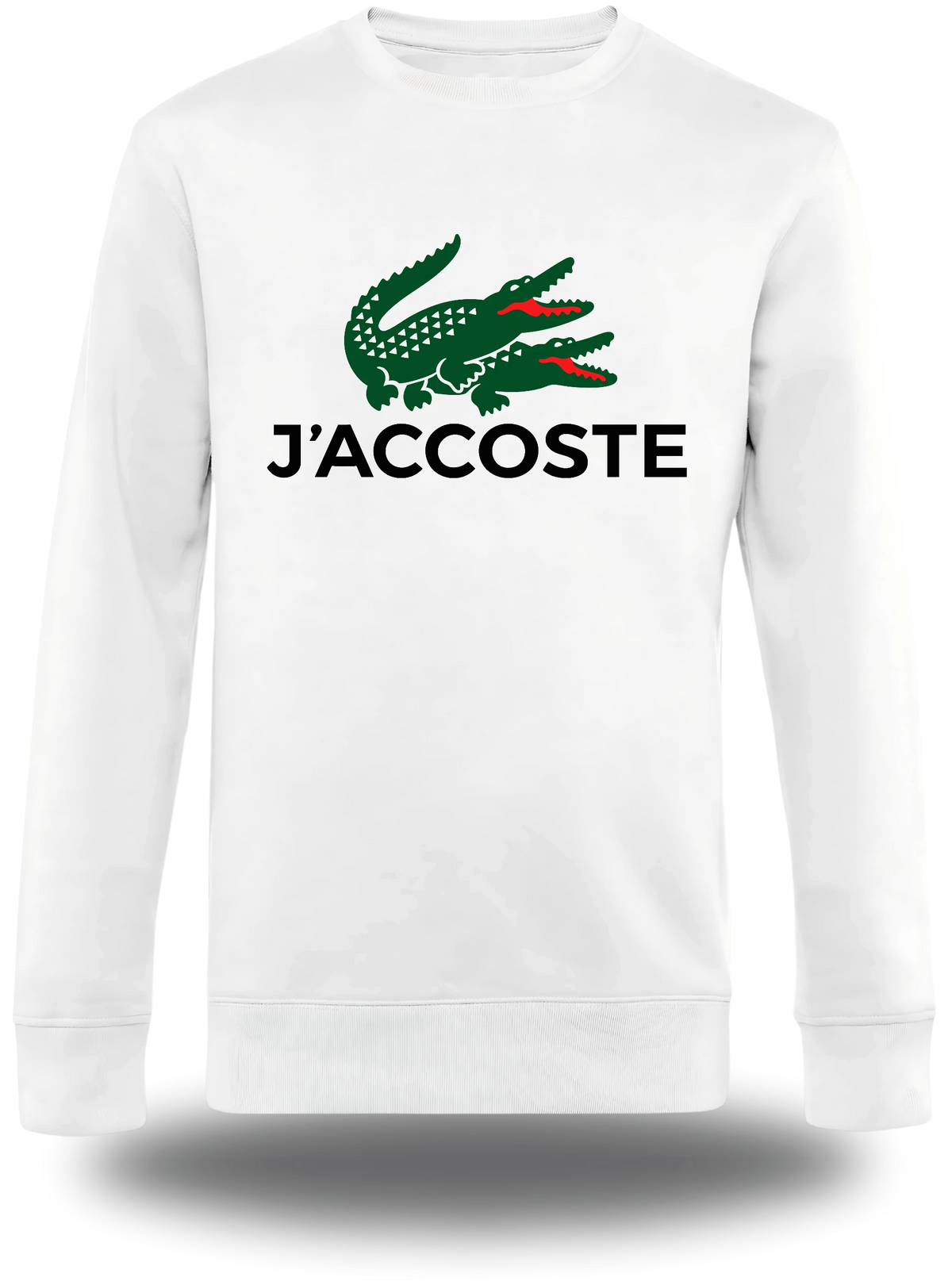 Pull col rond blanc J'accoste - Humour vu de face, design humour beauf, lacoste, décalé, assumé
