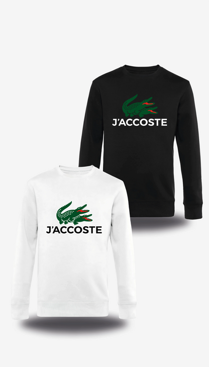 Pull col rond J'accoste - Humour en blanc et noir, vus de face, design humour beauf, lacoste, décalé, assumé