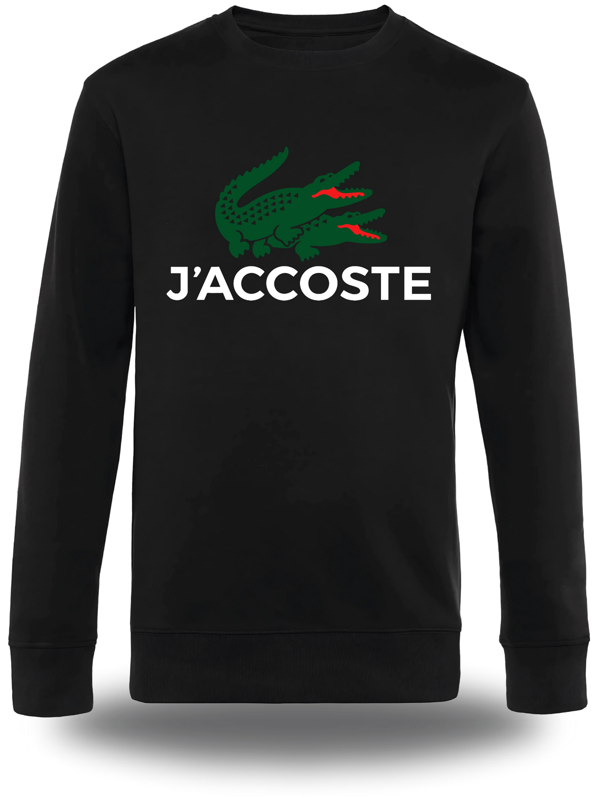 Pull col rond noir J'accoste - Humour vu de face, design humour beauf, lacoste, décalé, assumé