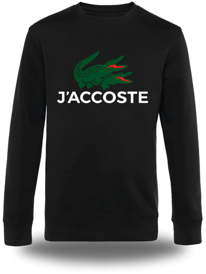 Pull col rond noir J'accoste - Humour vu de face, design humour beauf, lacoste, décalé, assumé