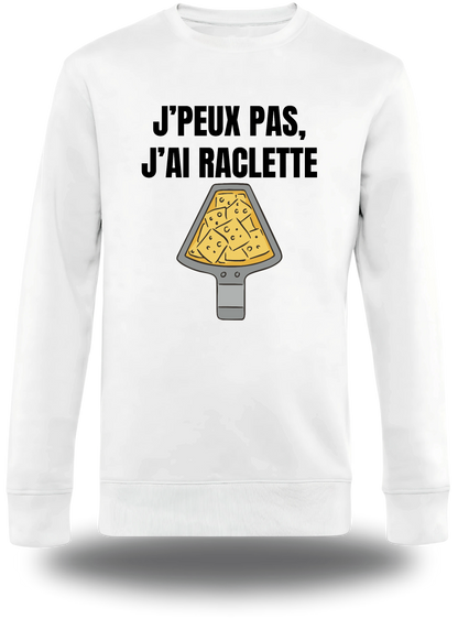 Pull col rond blanc « J'peux Pas J'ai Raclette » vu de face, design communauté et humour beauf
