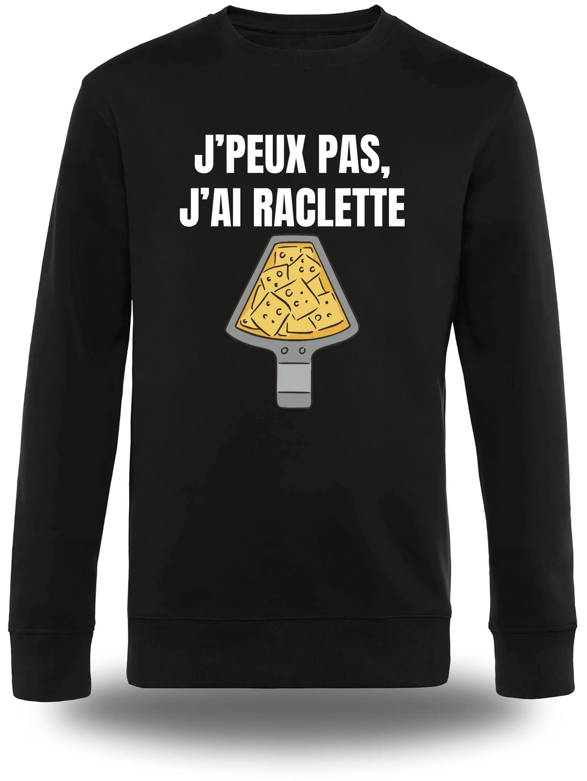 Pull col rond noir « J'peux Pas J'ai Raclette » vu de face, design communauté et humour beauf