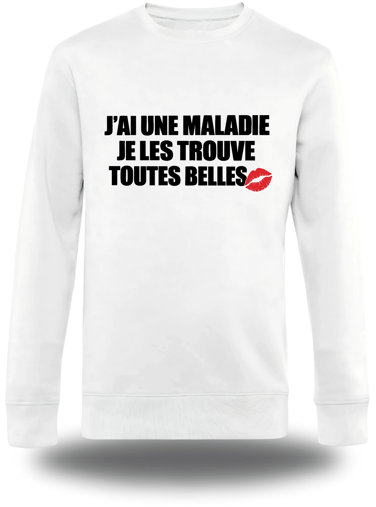 Pull col rond blanc Je Les Trouves Toutes Belles vu de face, design humour, humour beauf, musique, sexy nana