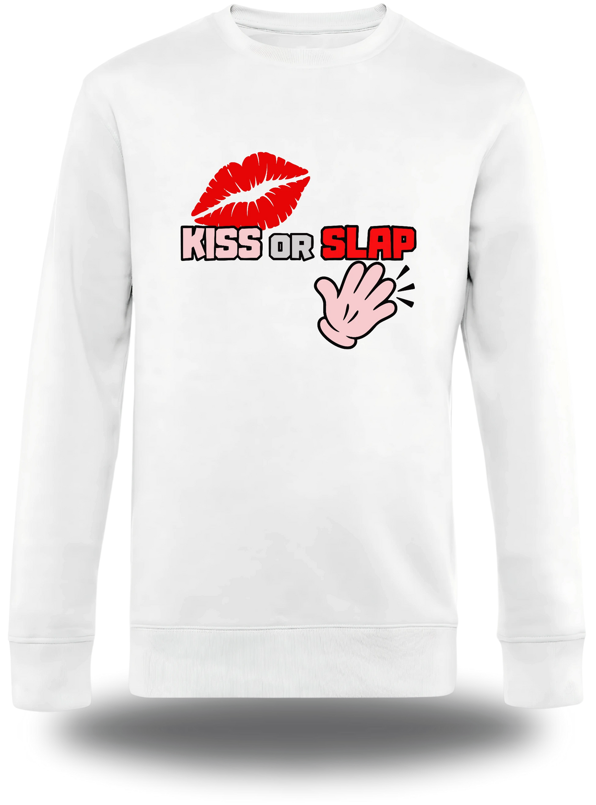 Pull col rond blanc Kiss Or Slap vu de face, design humour beauf, punch, audacieux, assument