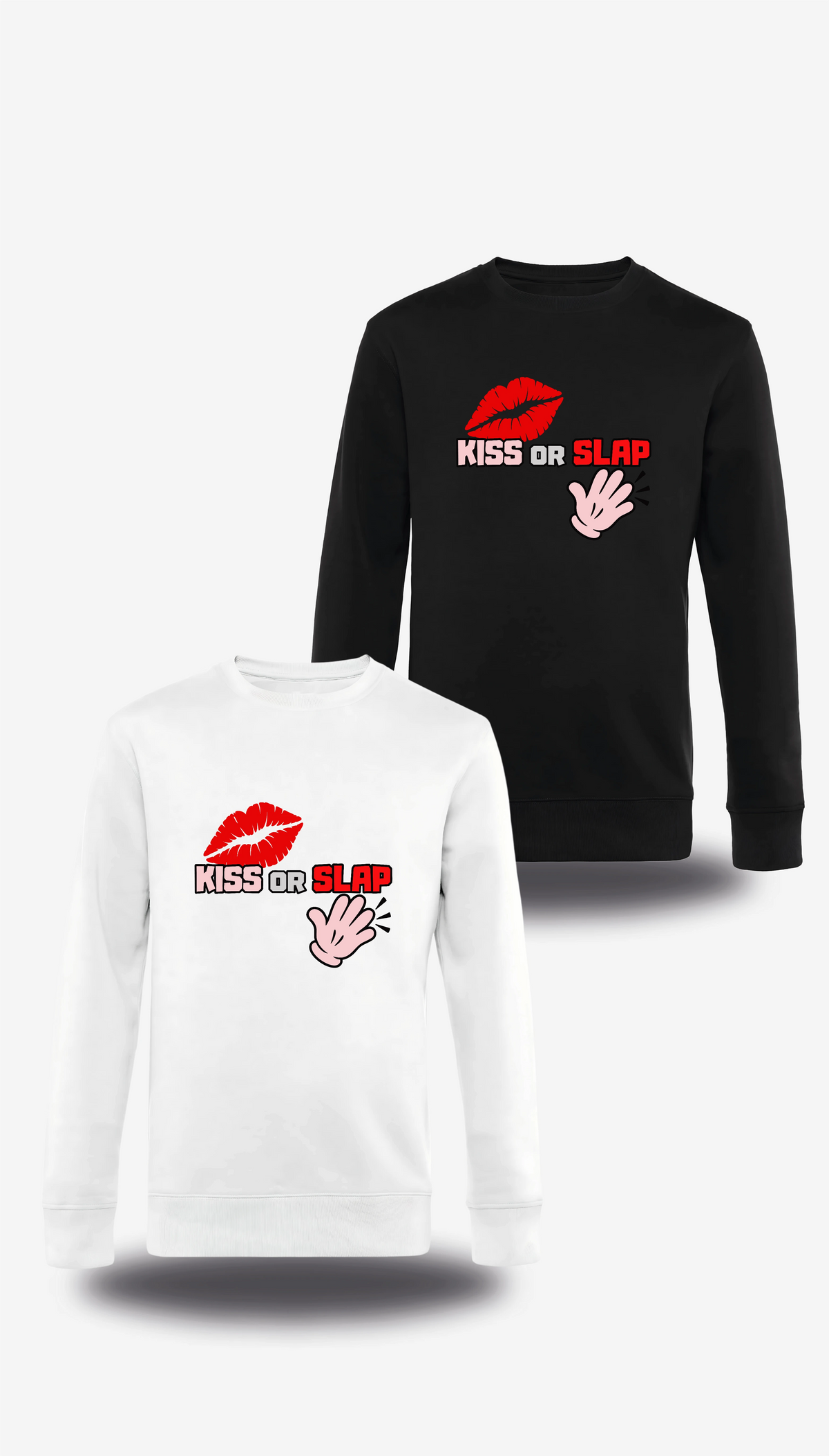 Pull col rond Kiss Or Slap en blanc et noir, vus de face, design humour beauf, punch, audacieux, assument