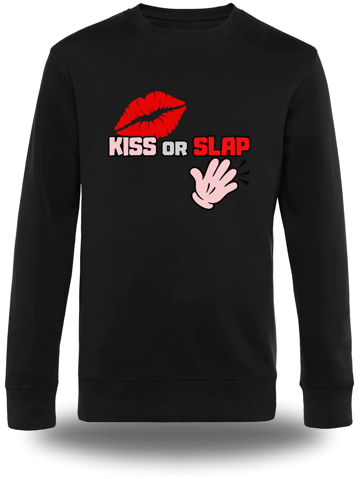 Pull col rond noir Kiss Or Slap vu de face, design humour beauf, punch, audacieux, assument