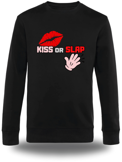 Pull col rond noir Kiss Or Slap vu de face, design humour beauf, punch, audacieux, assument