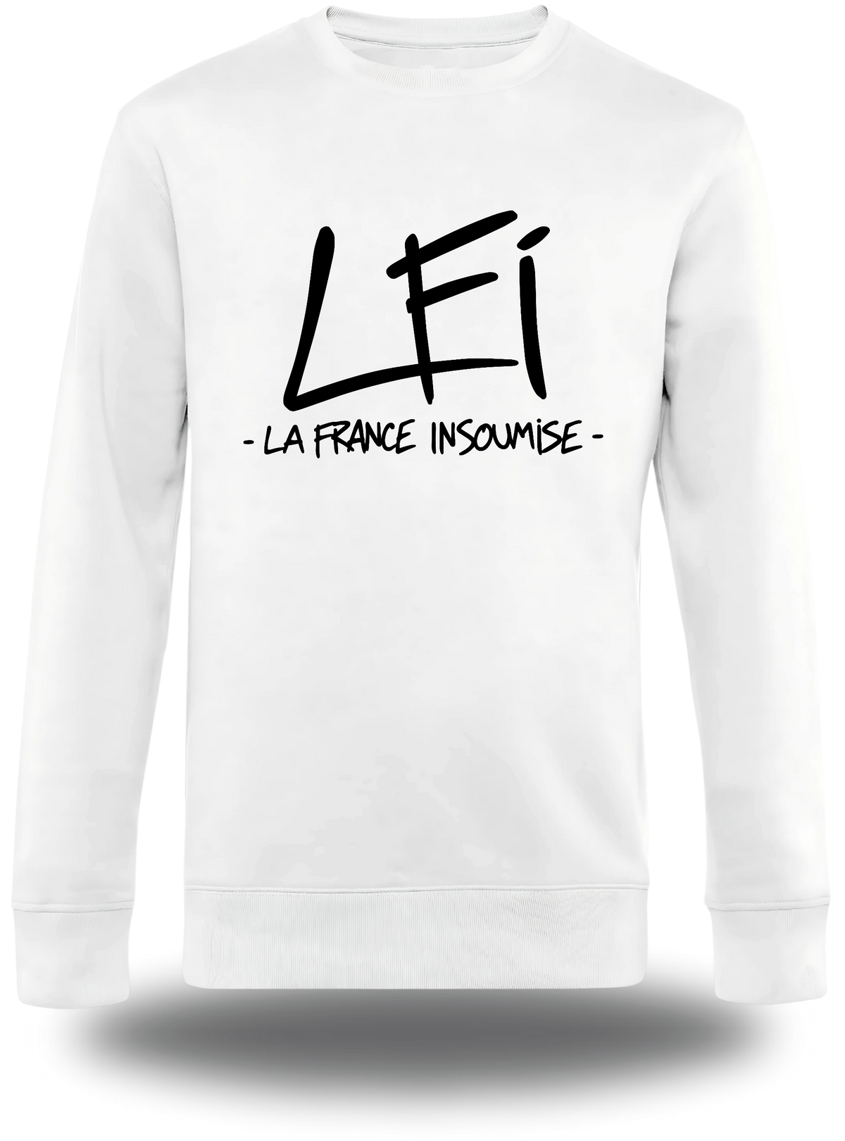 Pull col rond blanc « LFI - La France Insoumise » vu de face, design politique et election