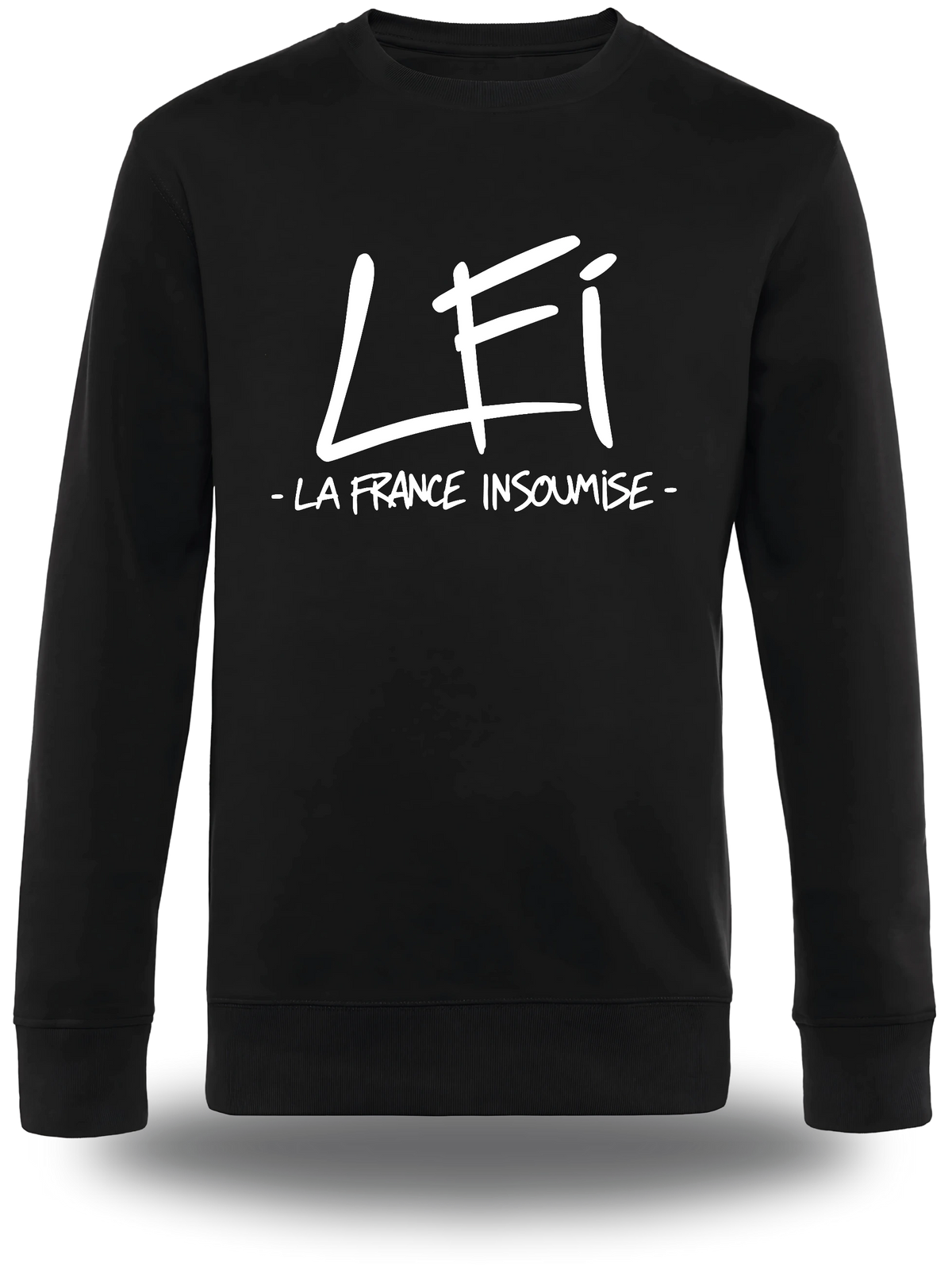 Pull col rond noir « LFI - La France Insoumise » vu de face, design politique et election