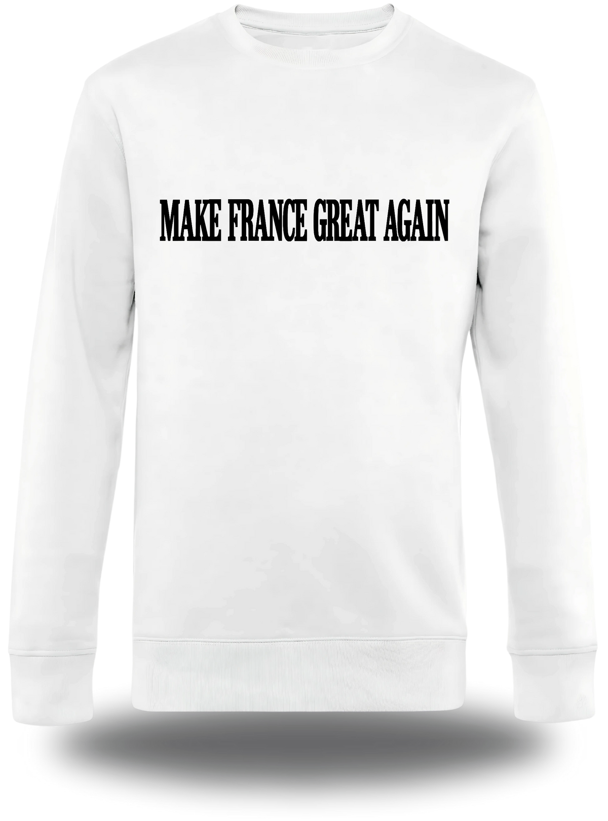 Pull col rond blanc Make France Great Again vu de face, design politique, punch, election, great again