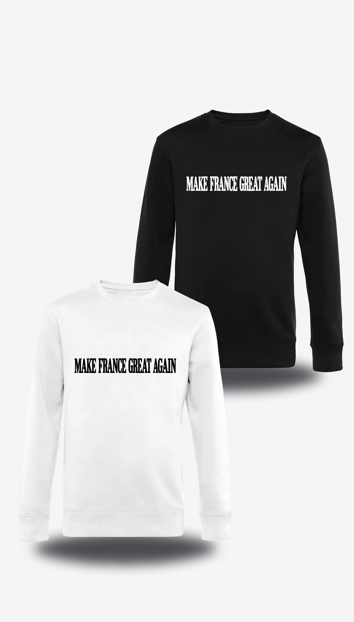 Pull col rond Make France Great Again en blanc et noir, vus de face, design politique, punch, election, great again