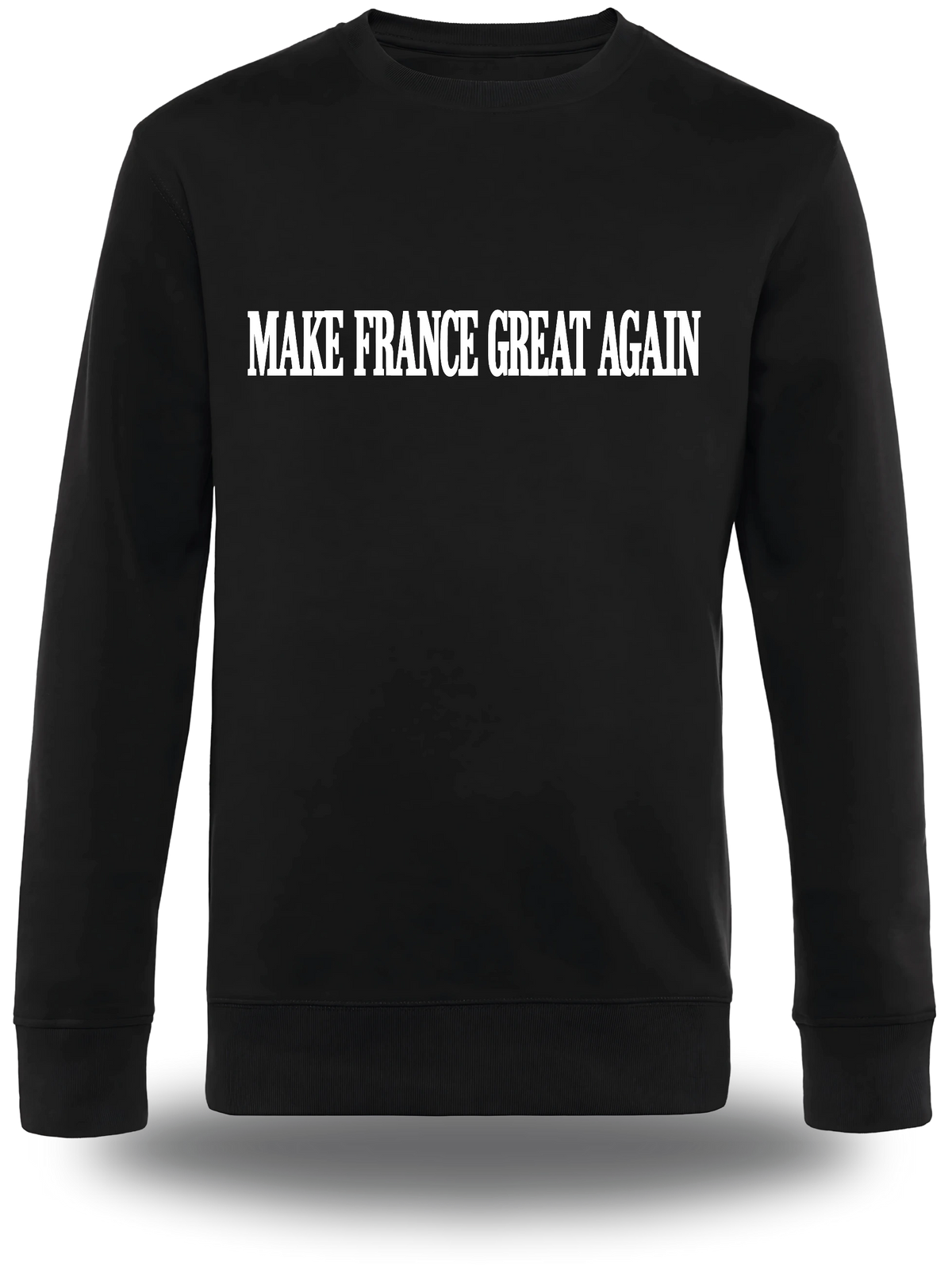 Pull col rond noir Make France Great Again vu de face, design politique, punch, election, great again