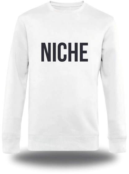 Pull col rond blanc « Niche » vu de face, design geek culture et mème