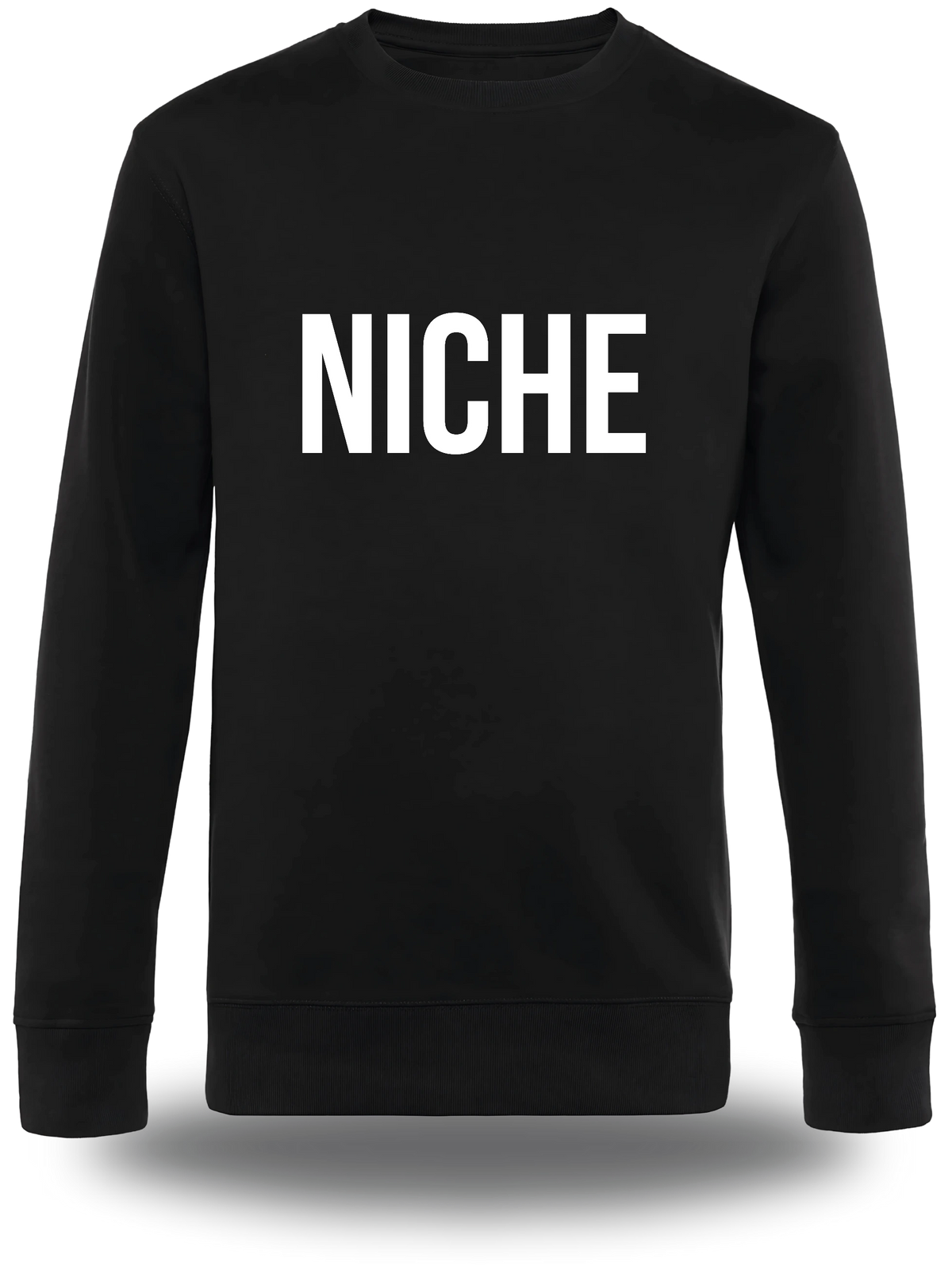 Pull col rond noir « Niche » vu de face, design geek culture et mème