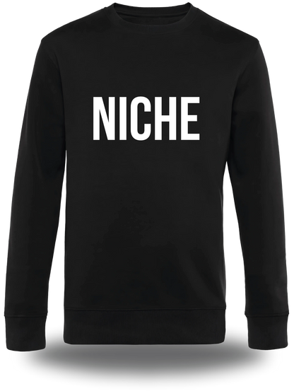 Pull col rond noir « Niche » vu de face, design geek culture et mème