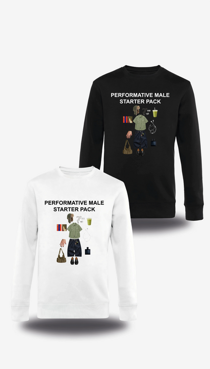 Crewneck sweatshirt “Performative Male Starter Pack”, in white and black, front view, humor and meme design
