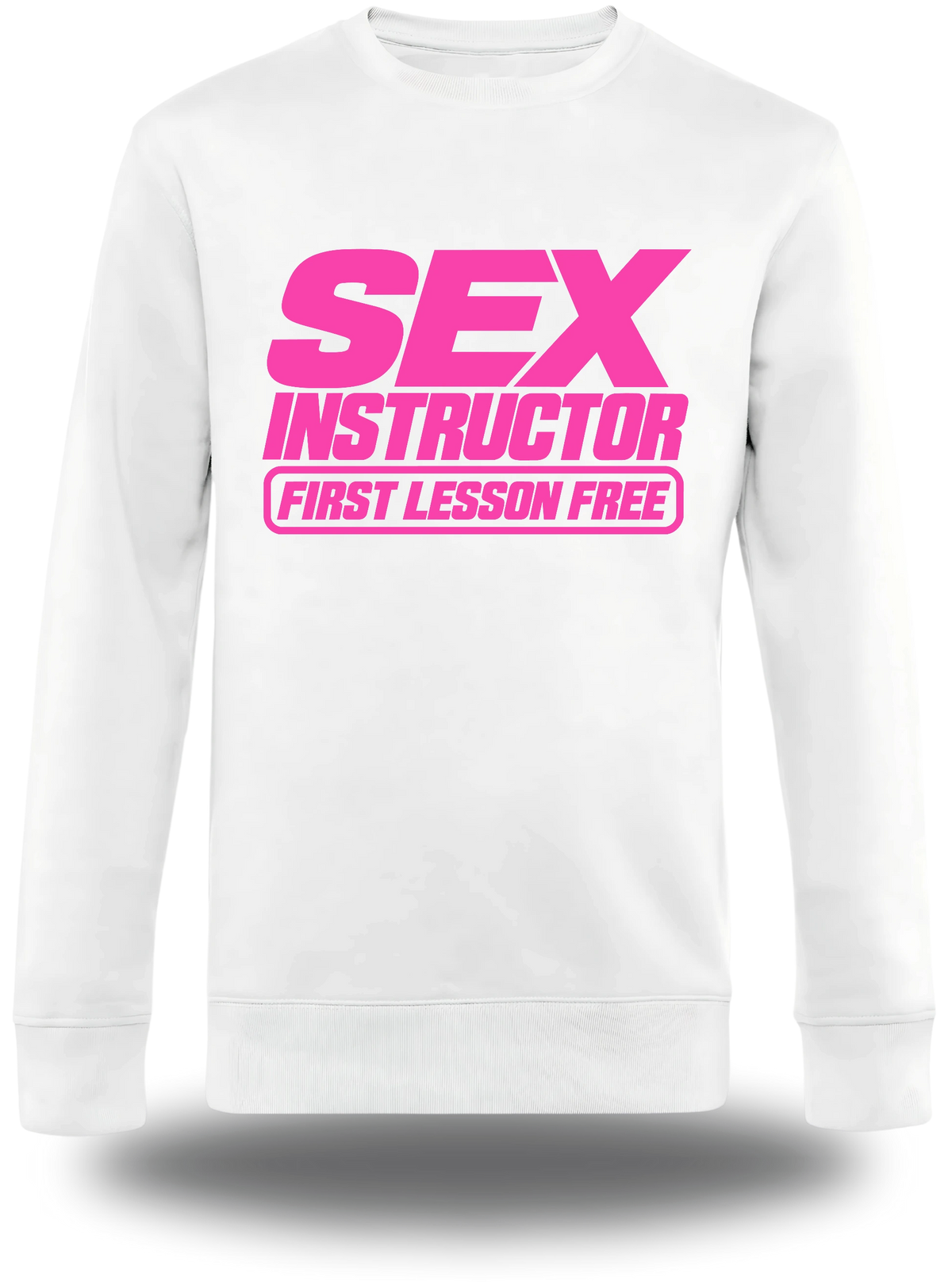 Pull col rond blanc Sex Instructor vu de face, design humour, humour beauf, amour, sexe