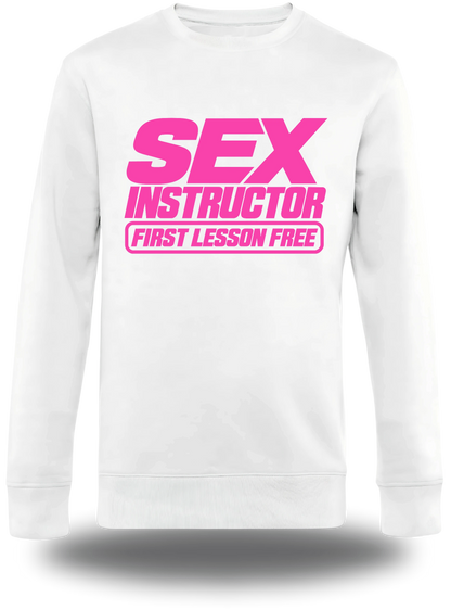 Pull col rond blanc Sex Instructor vu de face, design humour, humour beauf, amour, sexe