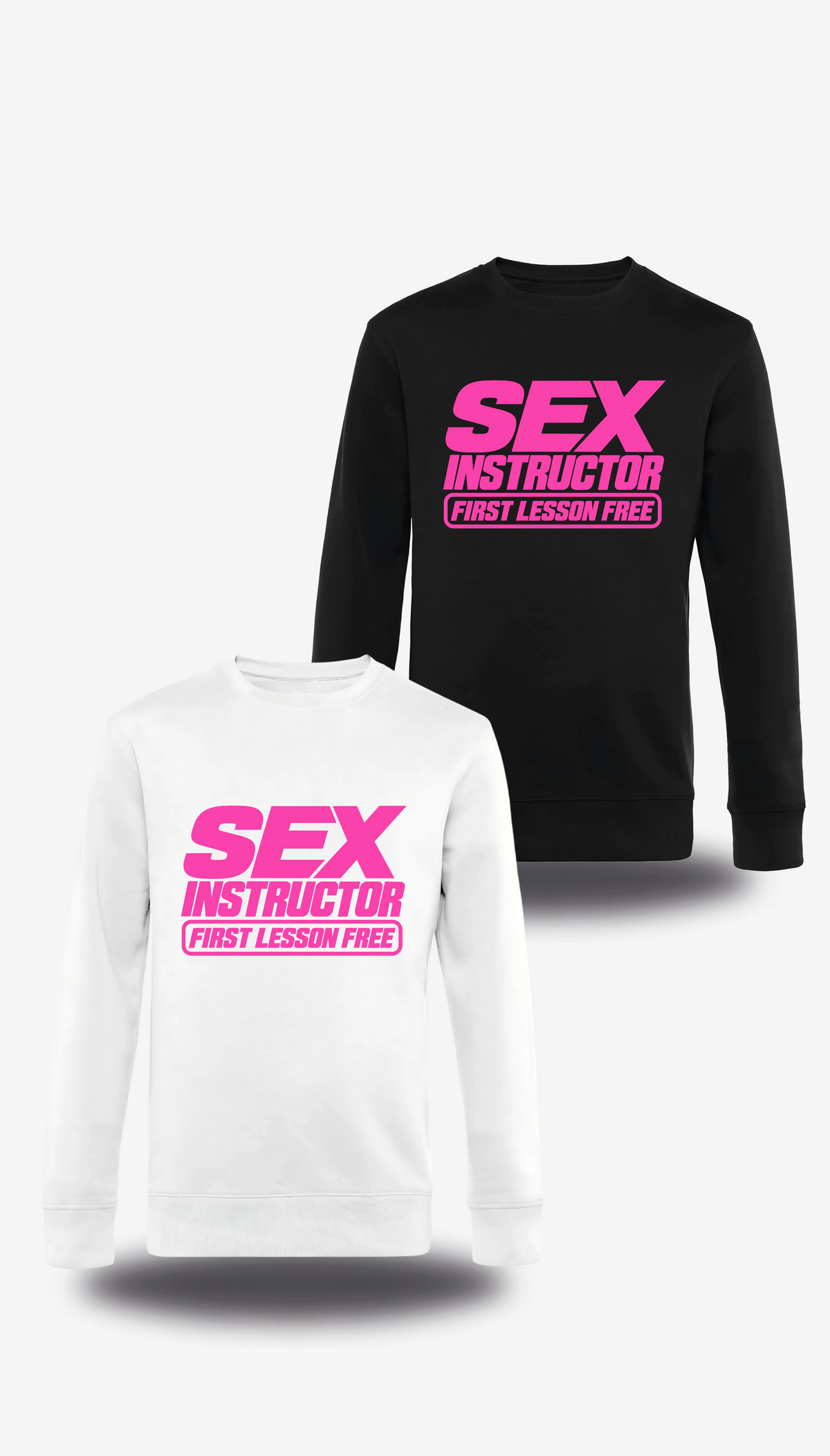 Pull col rond Sex Instructor en blanc et noir, vus de face, design humour, humour beauf, amour, sexe