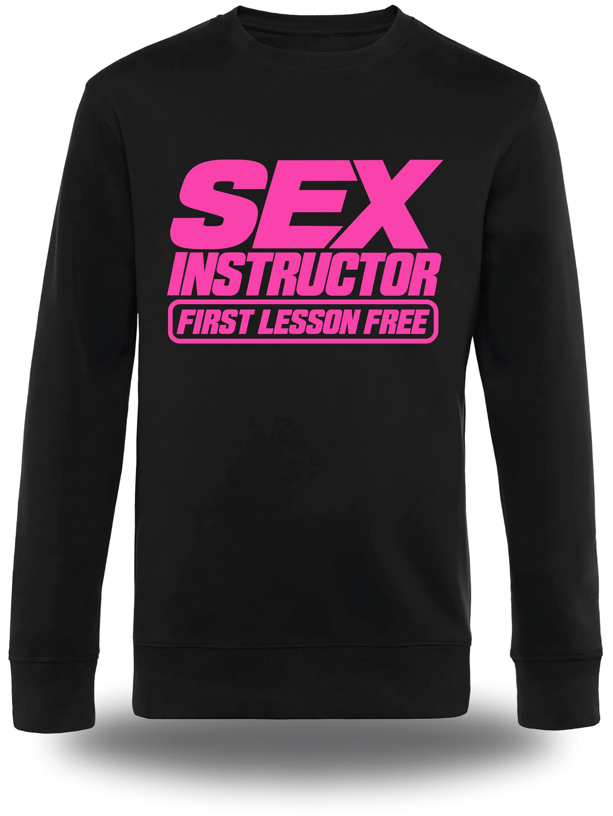 Pull col rond noir Sex Instructor vu de face, design humour, humour beauf, amour, sexe