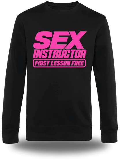 Pull col rond noir Sex Instructor vu de face, design humour, humour beauf, amour, sexe