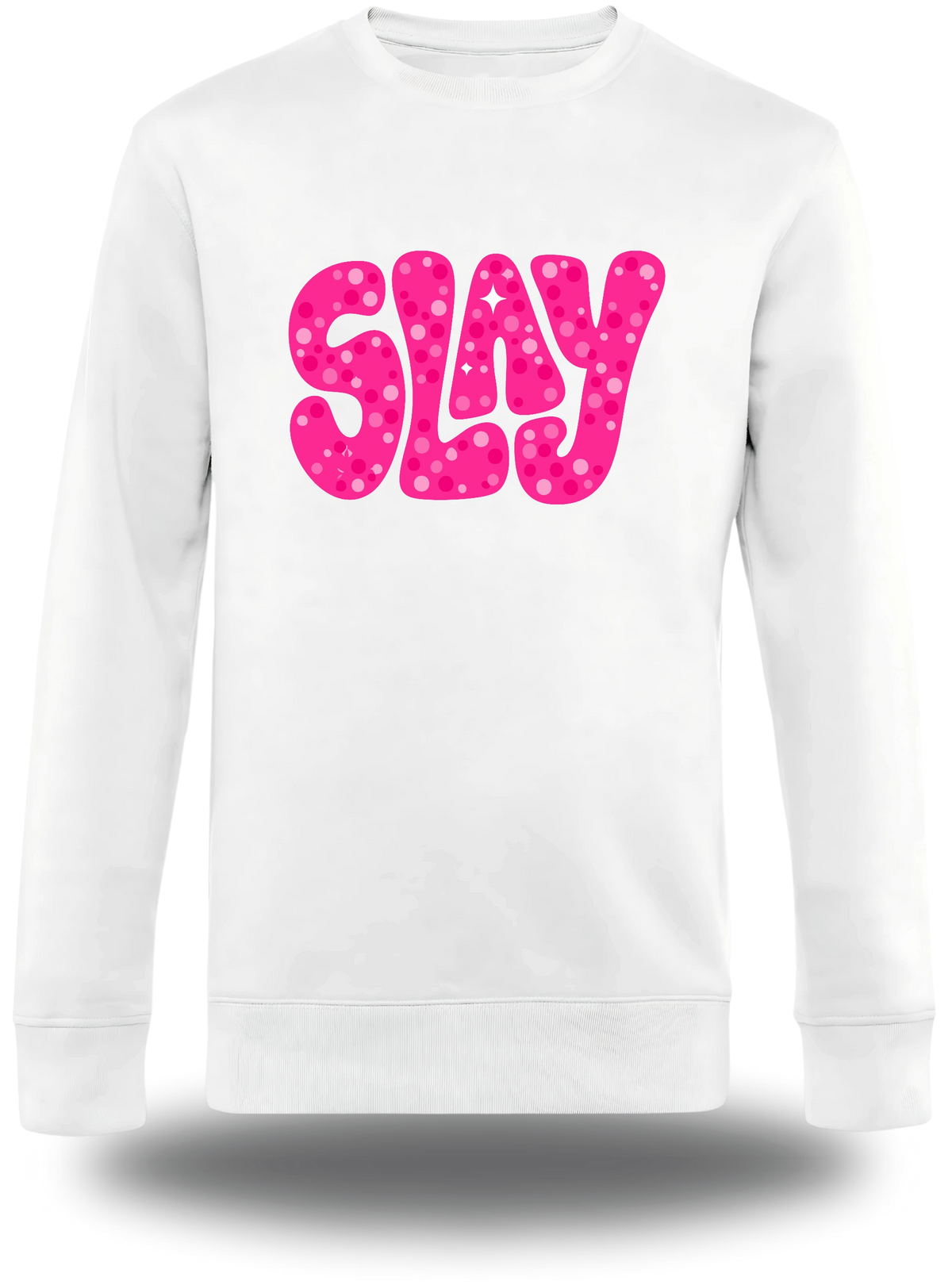 Pull col rond blanc Slay Rose vu de face, design humour, Slay Rose, assument