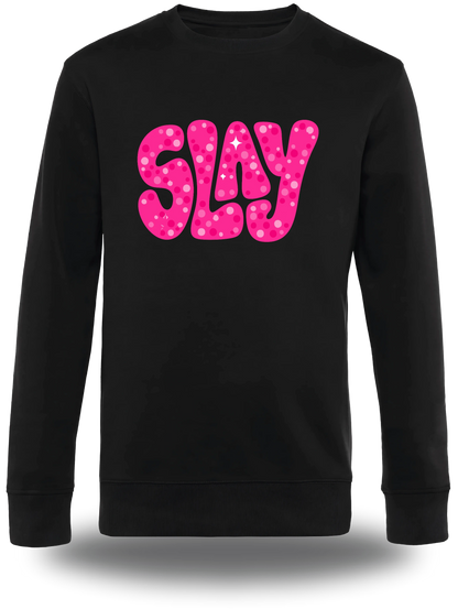 Pull col rond noir Slay Rose vu de face, design humour, Slay Rose, assument