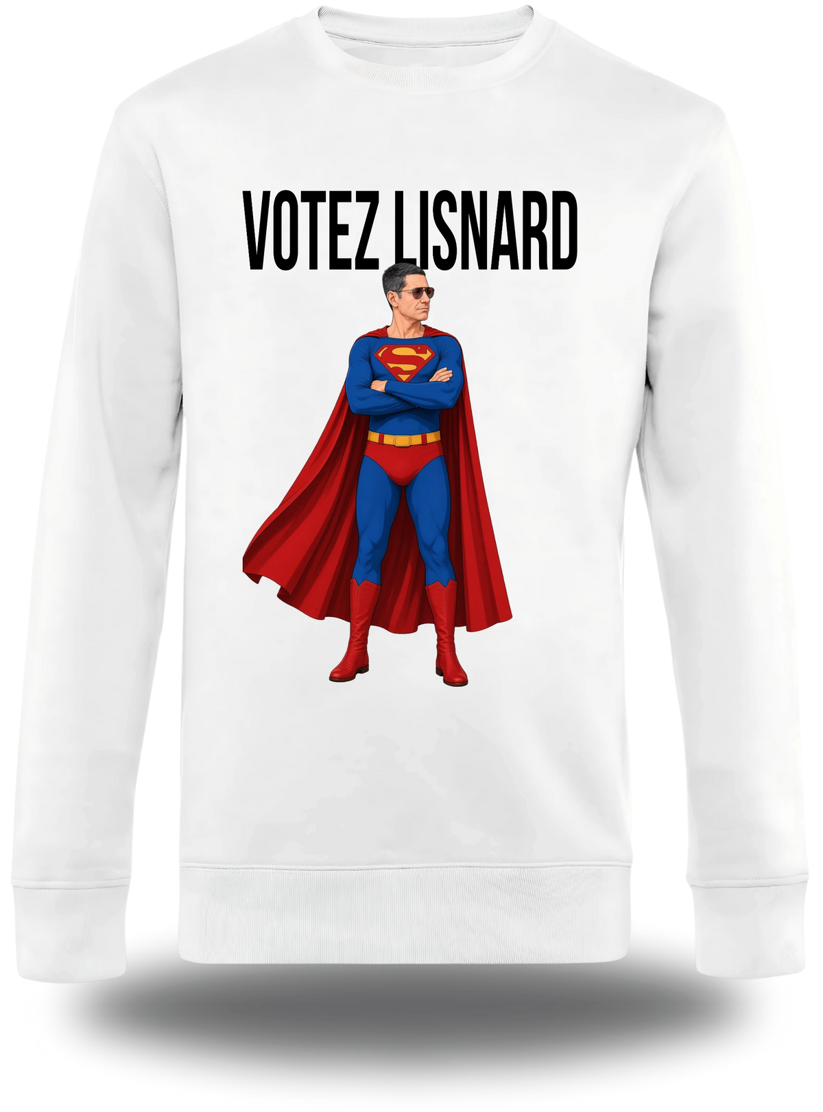 Pull col rond blanc « Votez Lisnard Superman » vu de face, design politique et élection