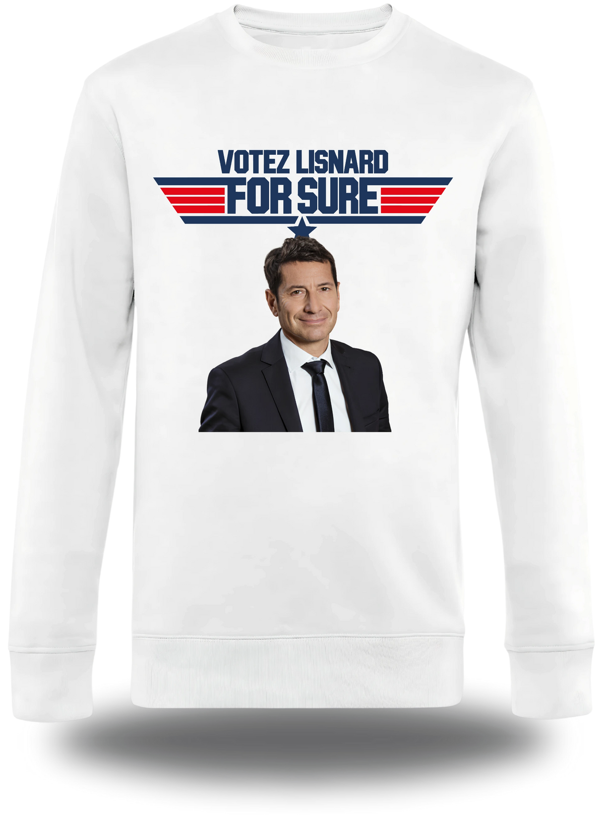 Pull col rond blanc « Votez Lisnard - For Sure » vu de face, design politique et élection