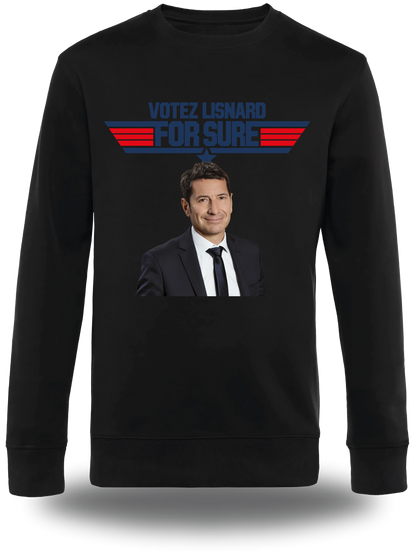 Pull col rond noir « Votez Lisnard - For Sure » vu de face, design politique et élection