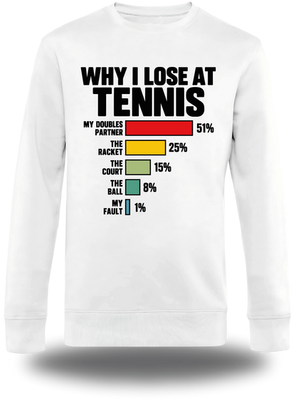 Pull col rond blanc Why I Loose At Tennis vu de face, design humour, sport, Lose, parfait