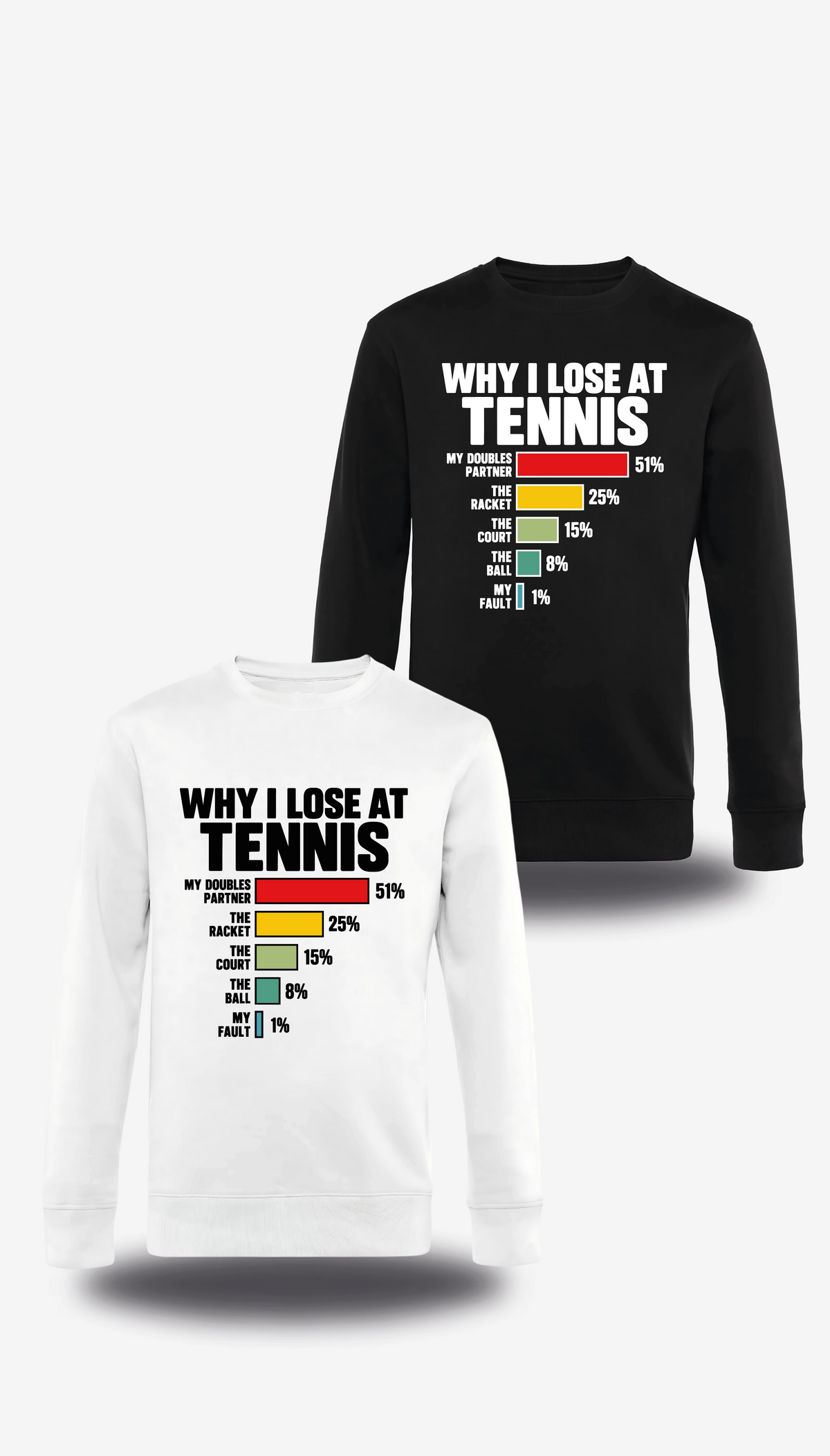 Pull col rond Why I Loose At Tennis en blanc et noir, vus de face, design humour, sport, Lose, parfait