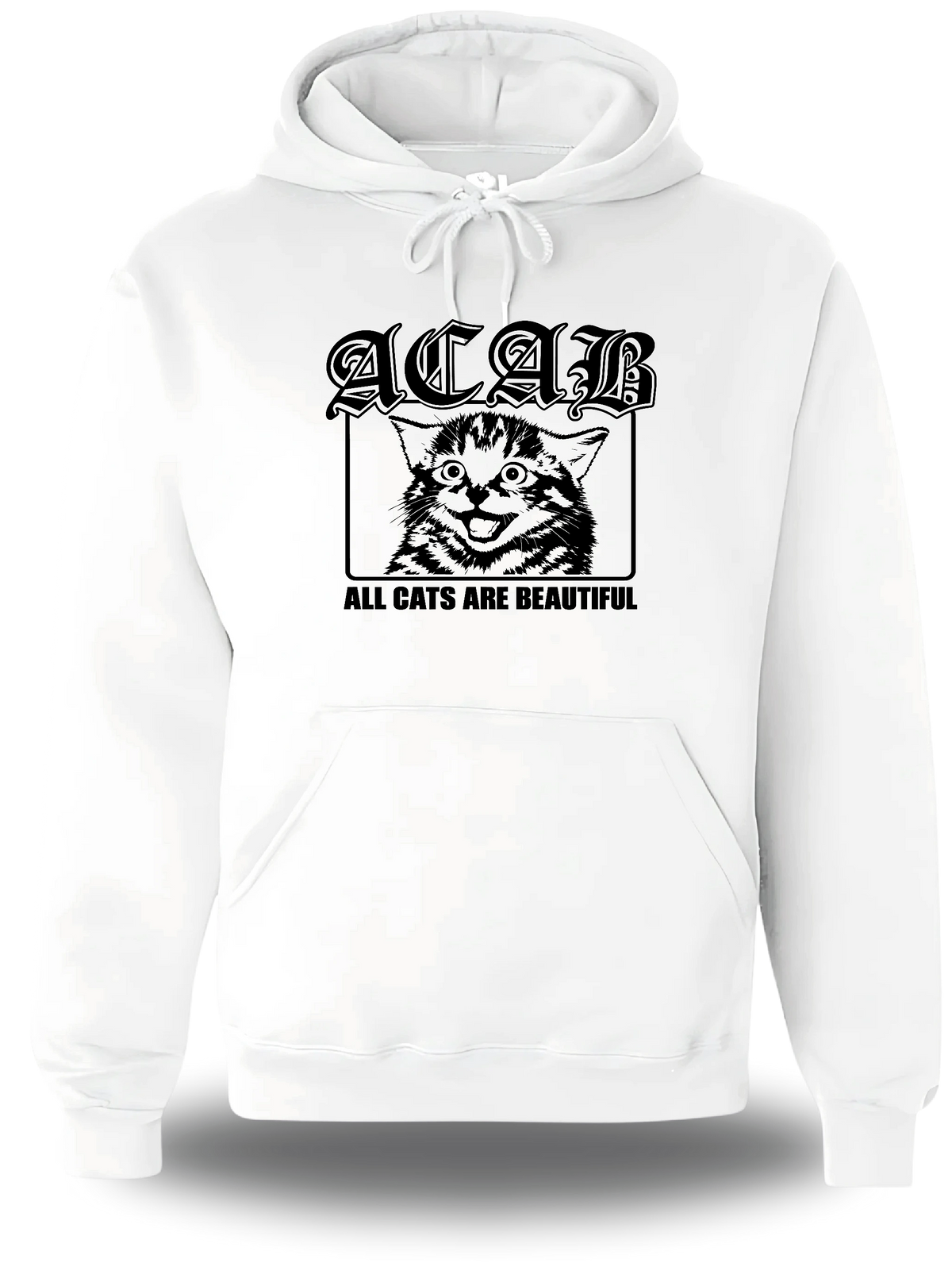 Sweatshirt à capuche blanc « ACAB All Cats Are Beautiful » vu de face, design politique et communauté