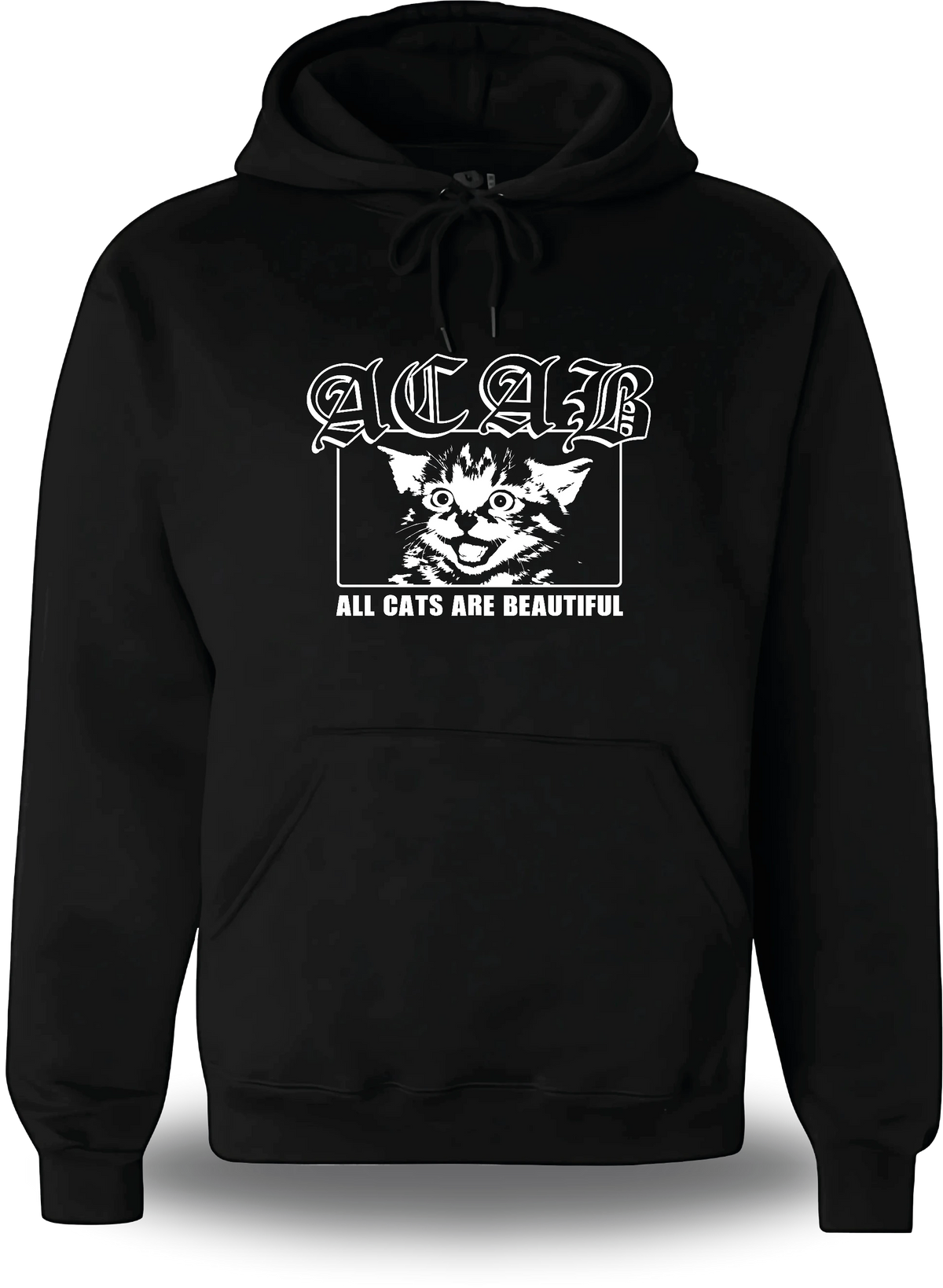 Sweatshirt à capuche noir « ACAB All Cats Are Beautiful » vu de face, design politique et communauté
