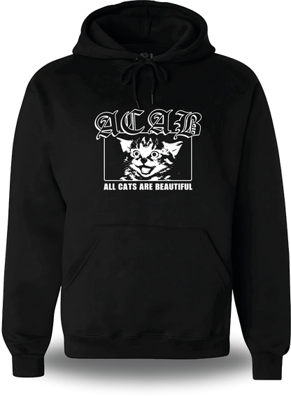 Sweatshirt à capuche noir « ACAB All Cats Are Beautiful » vu de face, design politique et communauté