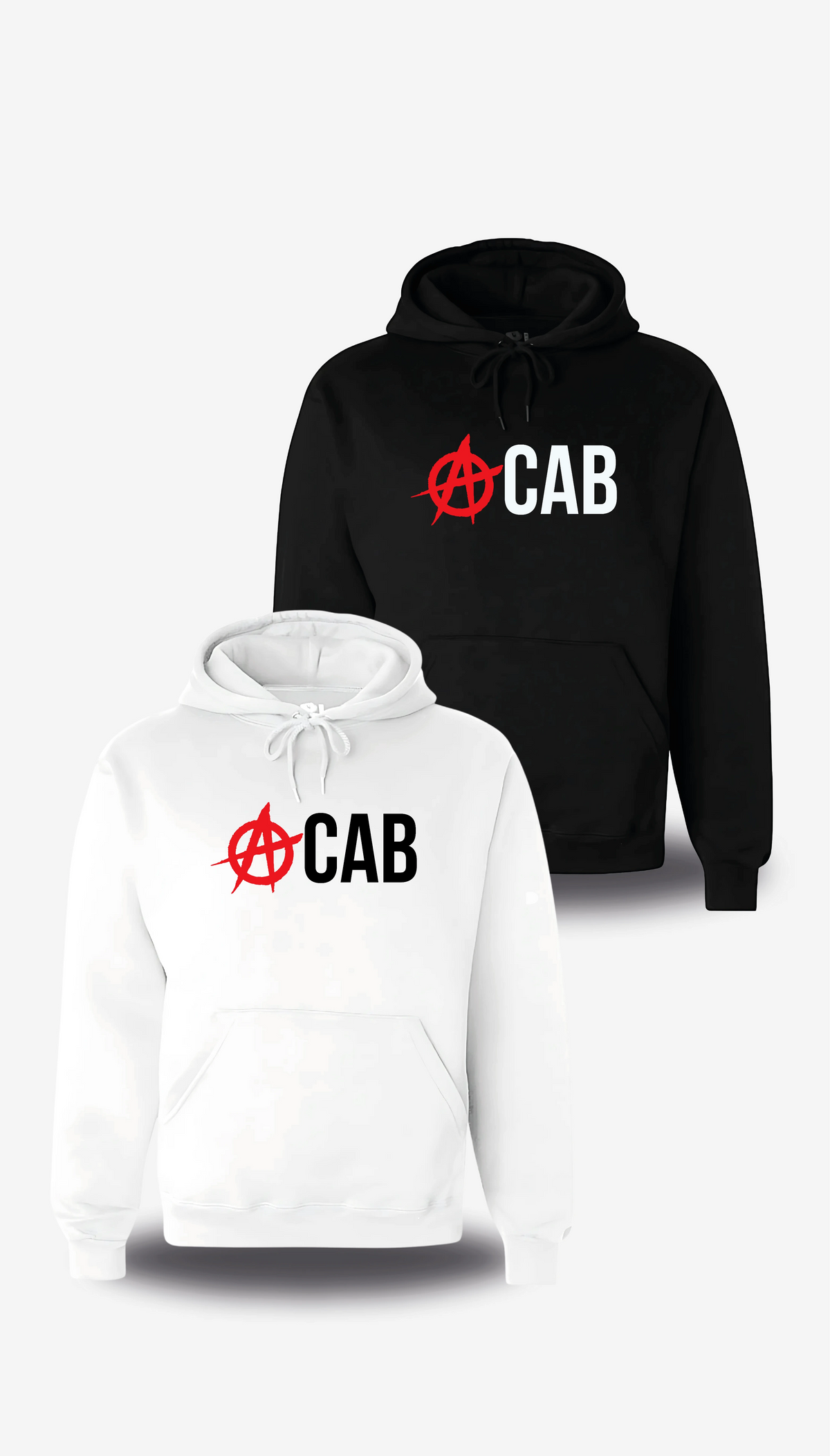 Sweatshirt à capuche « ACAB Anarchique » en blanc et noir, vus de face, design politique et manifestation