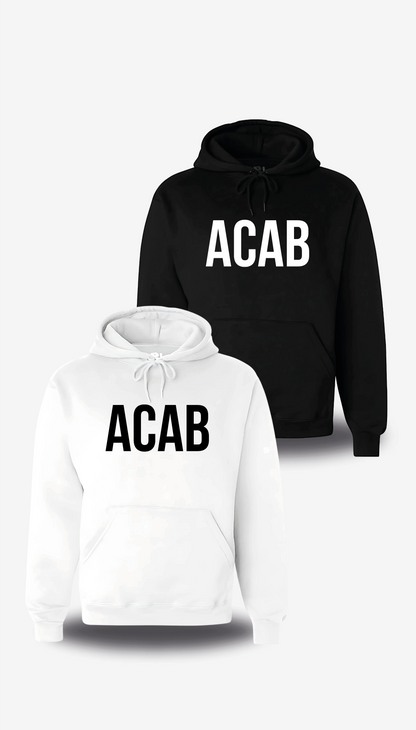 Sweatshirt à capuche « ACAB - All cops are Bastards » en blanc et noir, vus de face, design politique et révolution