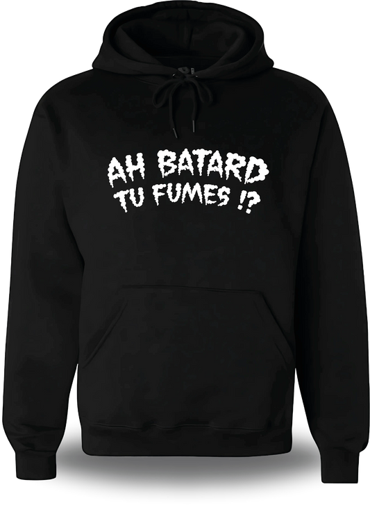 Schwarzer Hoodie „Ah Batard Tu Fumes“, Vorderansicht, Motiv: Humor, Proll-Humor, Punchline und französischer Rap