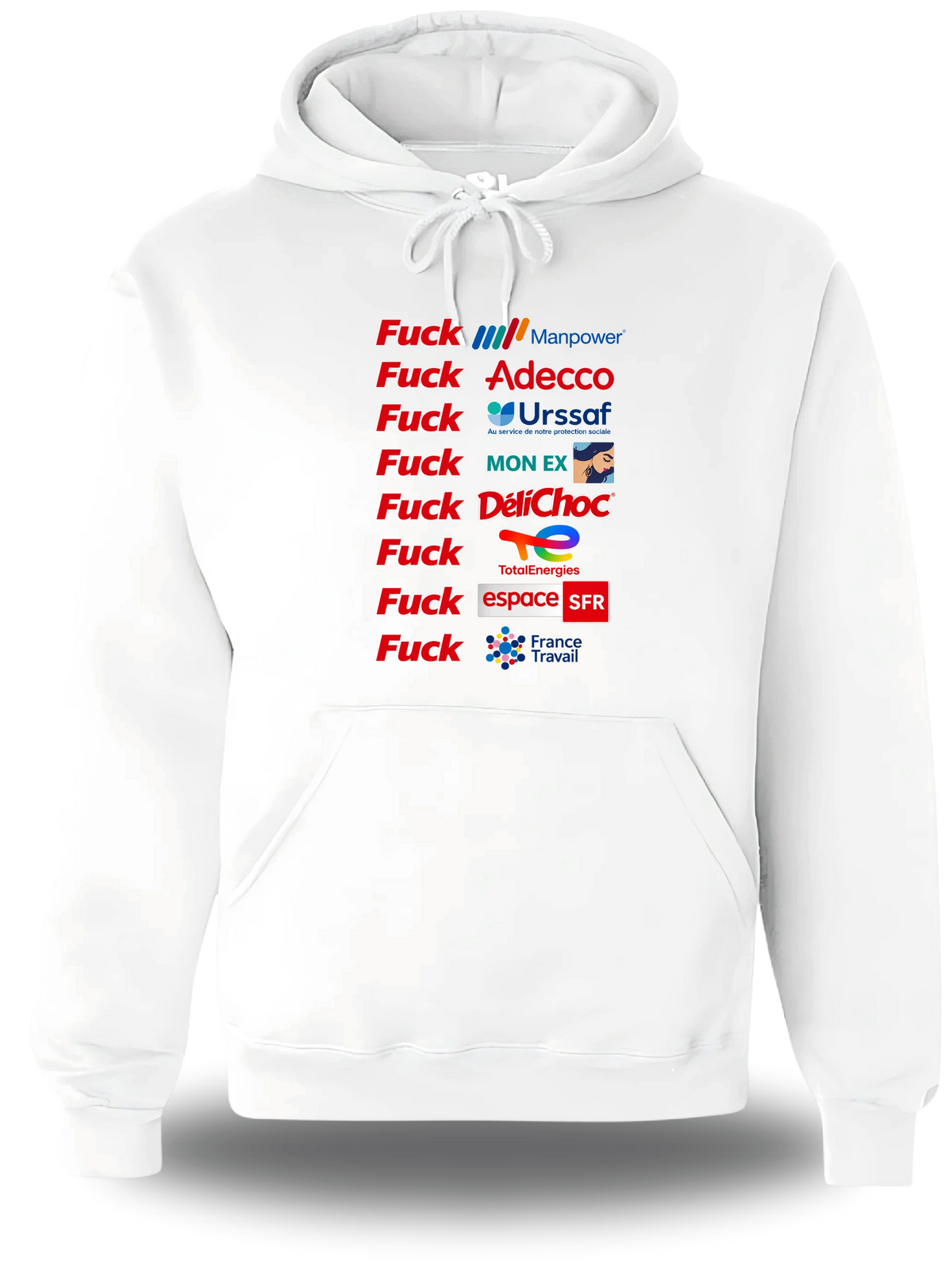 Sweatshirt à capuche blanc Anyme Fuck manpower - Plus dur que l'intérim vu de face, design humour, geek culture, intérim