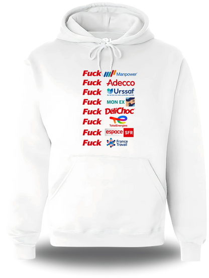 Sweatshirt à capuche blanc Anyme Fuck manpower - Plus dur que l'intérim vu de face, design humour, geek culture, intérim