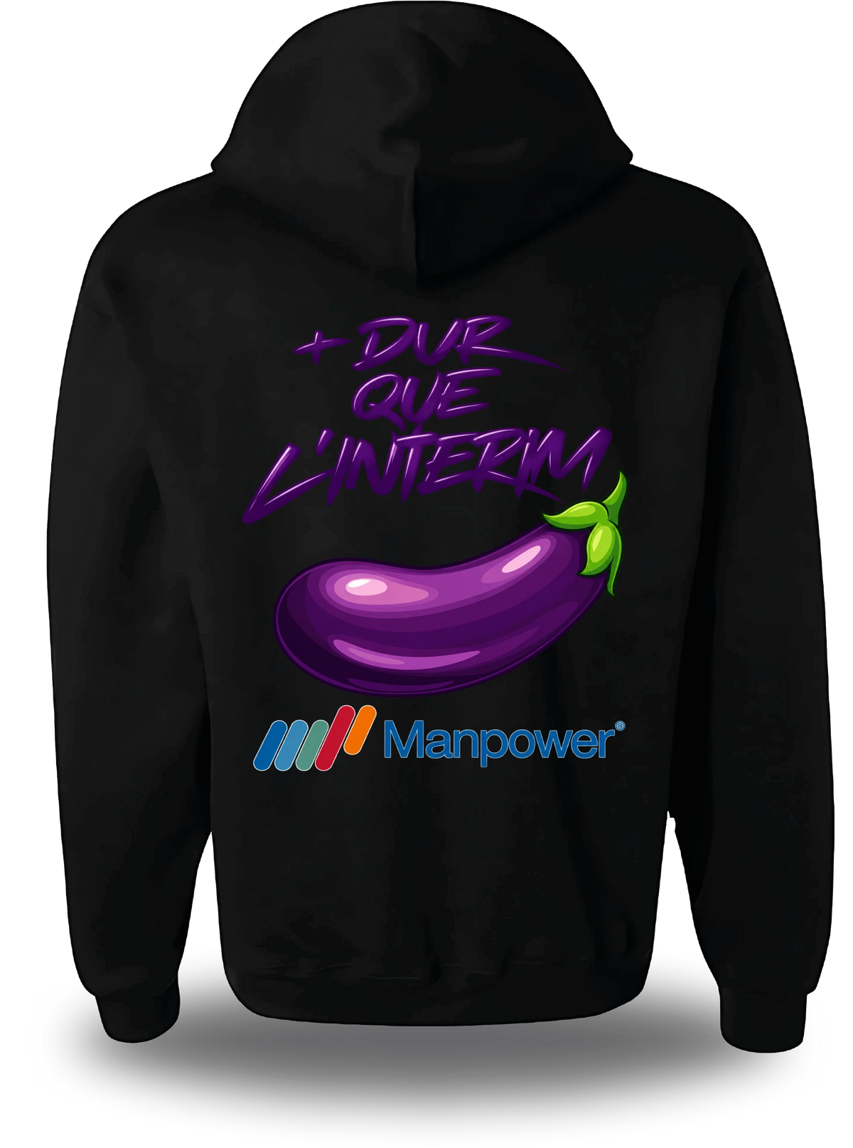 Sweatshirt à capuche noir Anyme Fuck manpower - Plus dur que l'intérim vu de dos, design humour, geek culture, intérim
