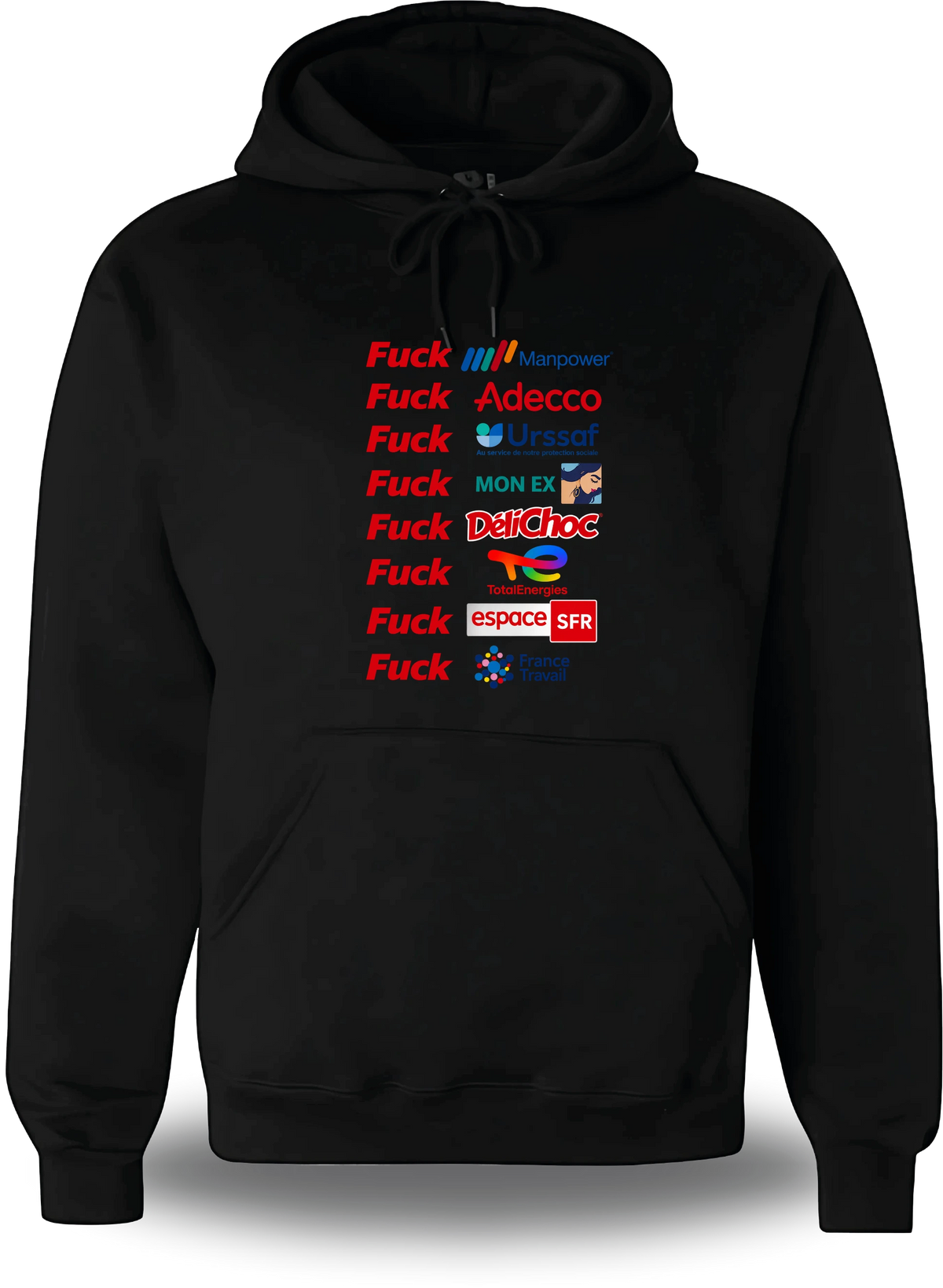 Sweatshirt à capuche noir Anyme Fuck manpower - Plus dur que l'intérim vu de face, design humour, geek culture, intérim