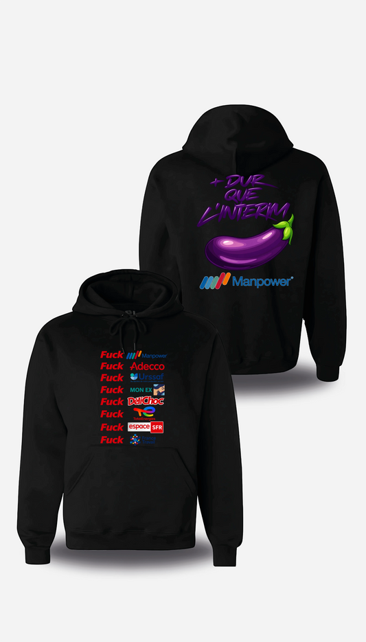 Sweatshirt à capuche noir Anyme Fuck manpower - Plus dur que l'intérim vu de face et de dos, design humour, geek culture