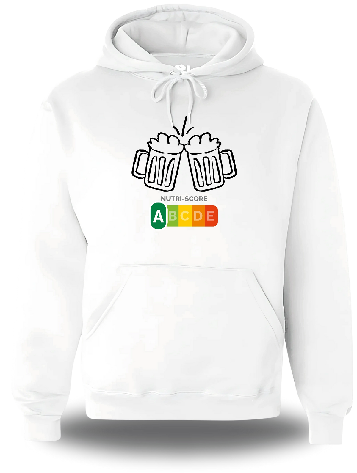 Weißer Hoodie „Biere Nutri Score“, Vorderansicht, Motiv: Proll-Humor, Alkohol und selbstbewusst