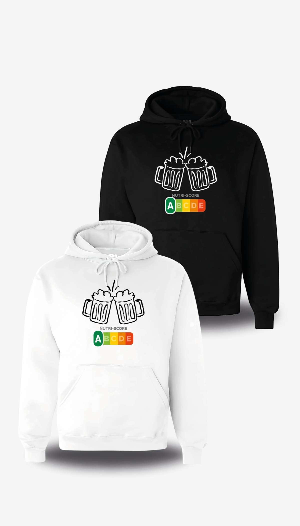 Hoodie „Biere Nutri Score“, in Weiß und Schwarz, Vorderansicht, Motiv: Proll-Humor und Alkohol