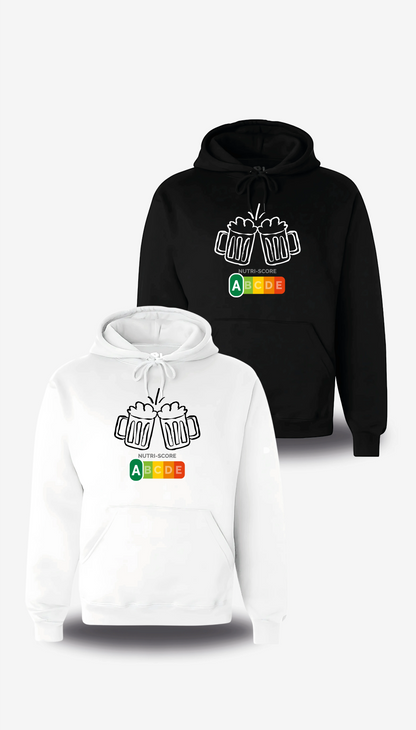 Hoodie „Biere Nutri Score“, in Weiß und Schwarz, Vorderansicht, Motiv: Proll-Humor und Alkohol