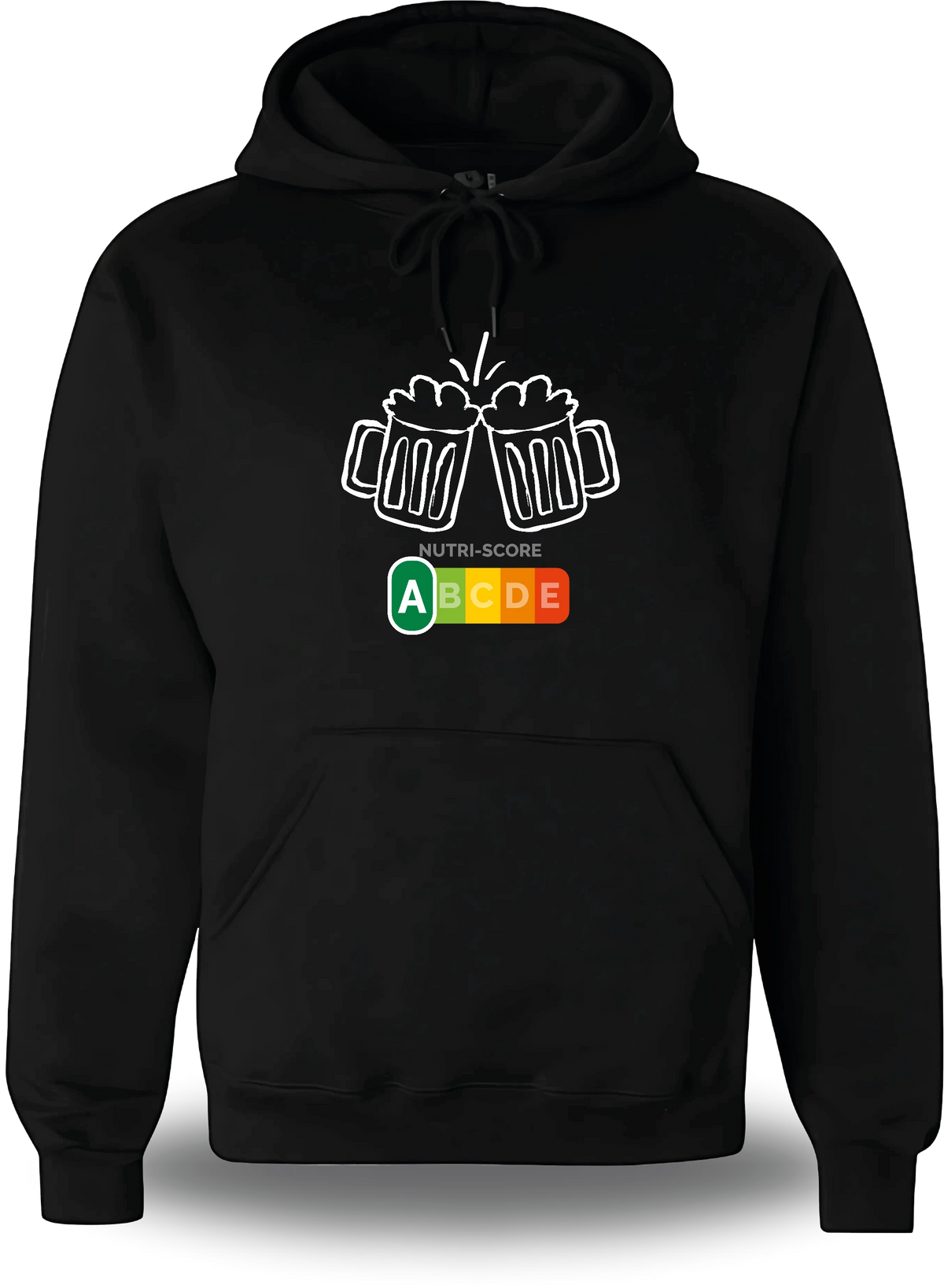 Schwarzer Hoodie „Biere Nutri Score“, Vorderansicht, Motiv: Proll-Humor, Alkohol und selbstbewusst