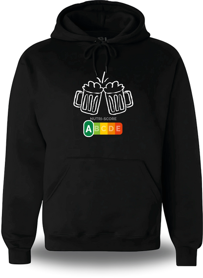 Schwarzer Hoodie „Biere Nutri Score“, Vorderansicht, Motiv: Proll-Humor, Alkohol und selbstbewusst