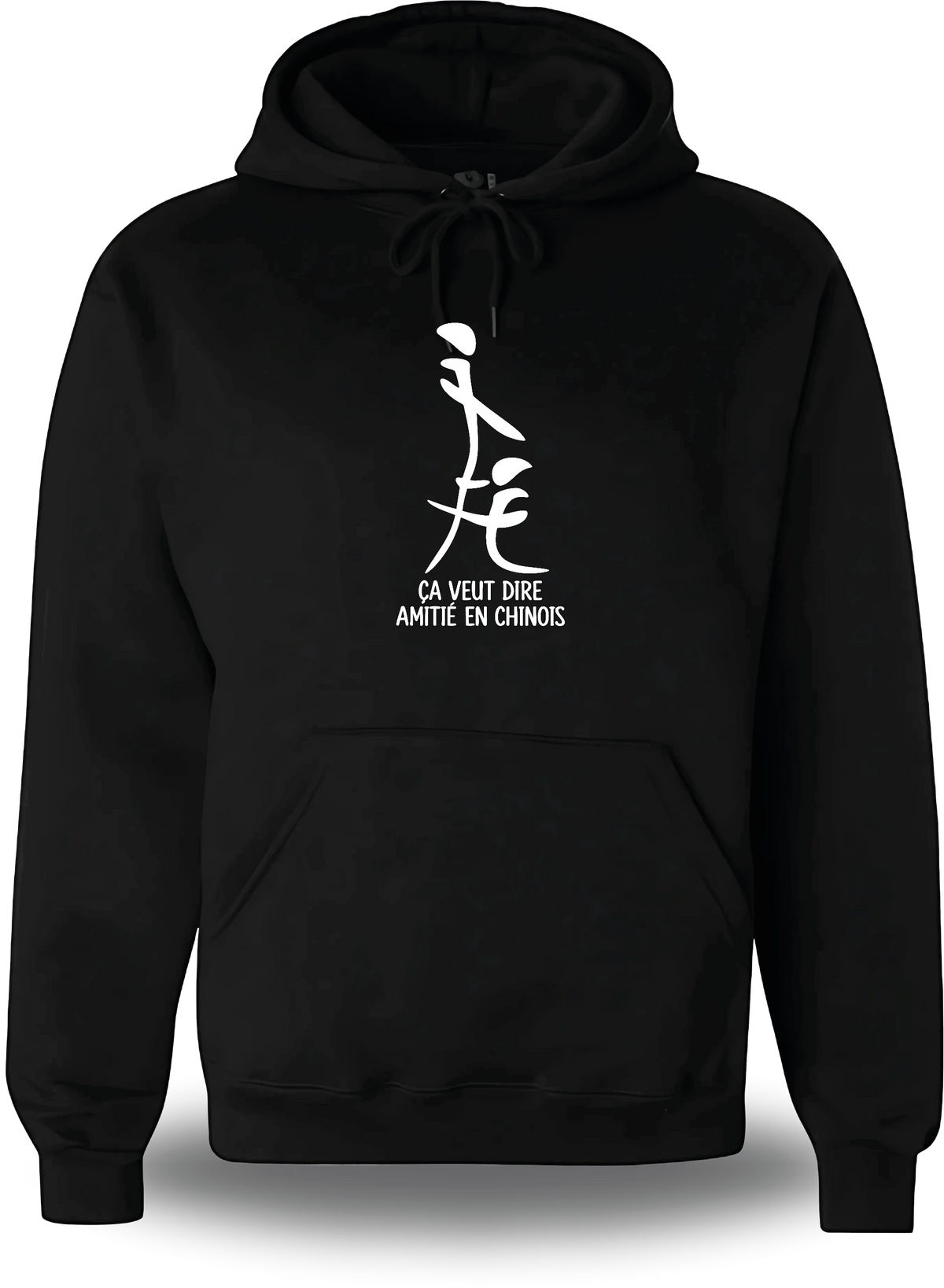 Sweatshirt à capuche noir "Ca Veut Dire Amitie En Chinois" vu de face, design humour, humour beauf, sexe, sex