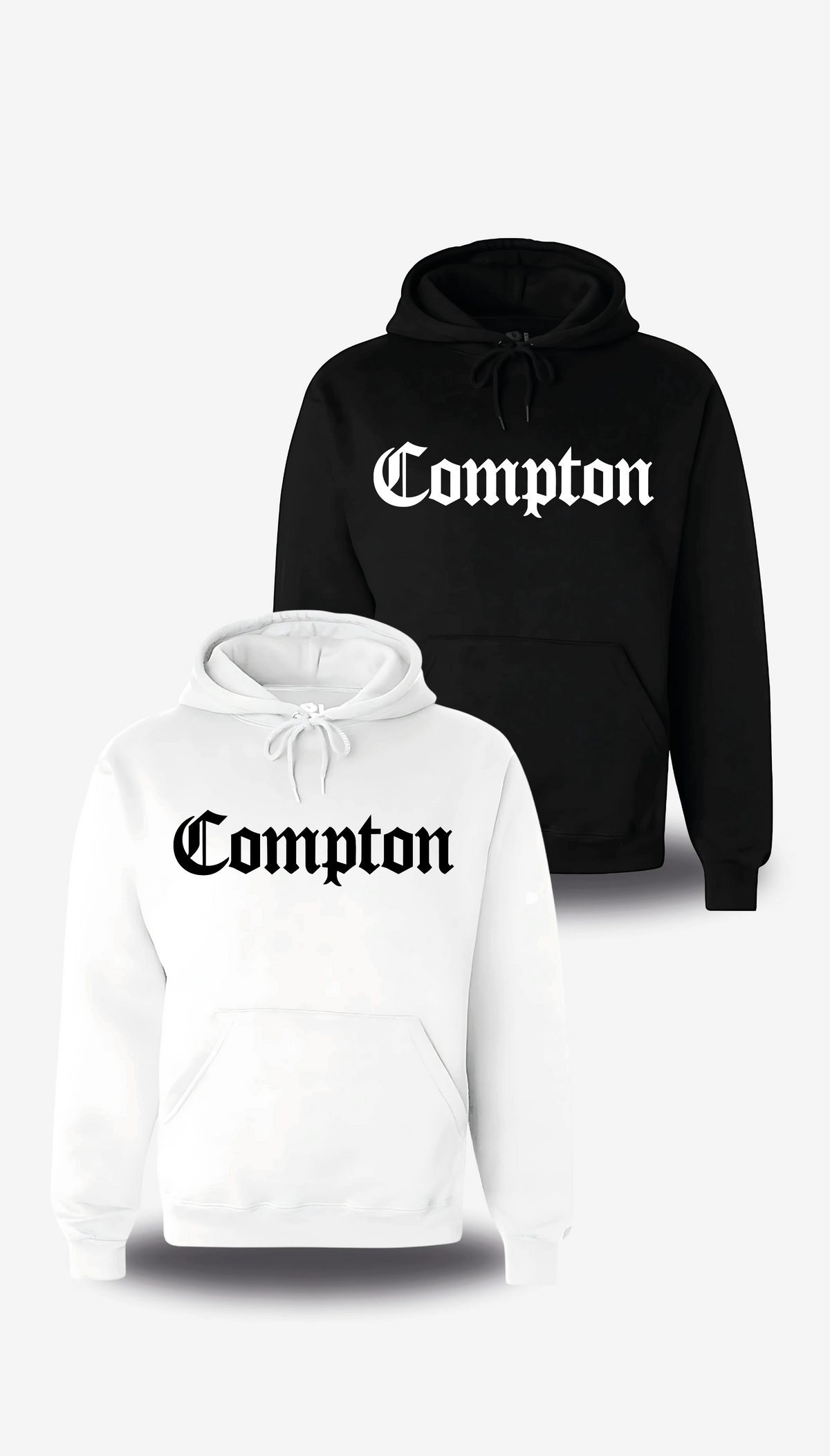 Sweatshirt à capuche Compton en blanc et noir, vus de face, design film, communauté, streetwear, musique